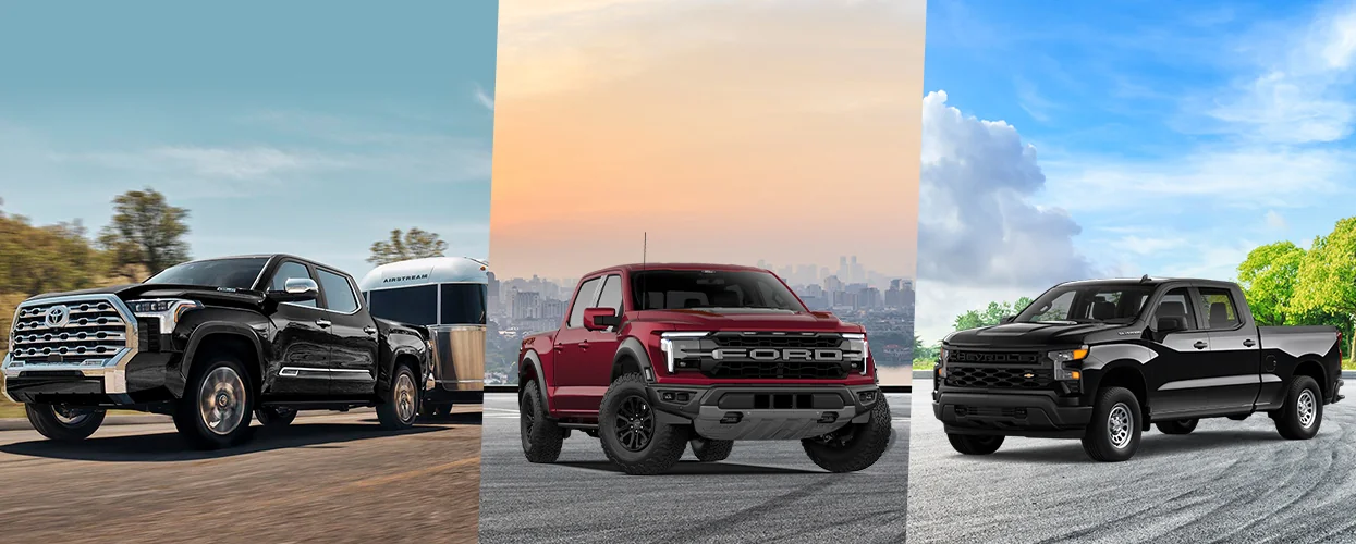 split image of a black Toyota, a red Ford and a black Chevrolet Truck