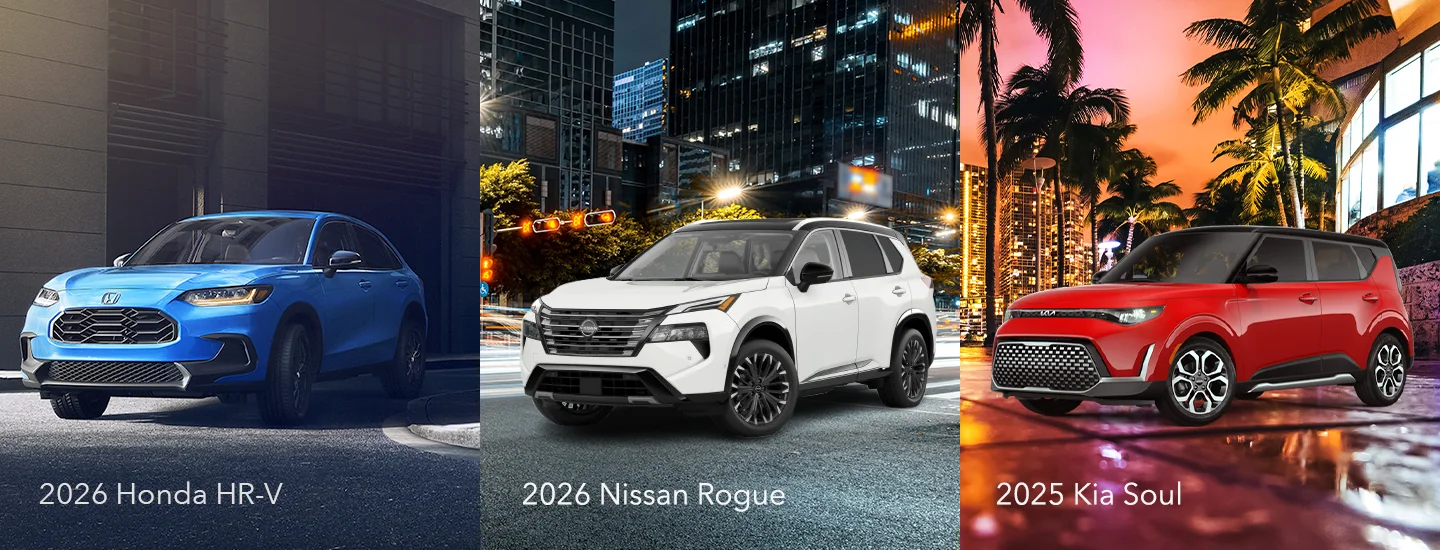 Side by side images of a 2026 Honda HR-V a 2026 Nissan Rogue and a 2025 Kia Soul