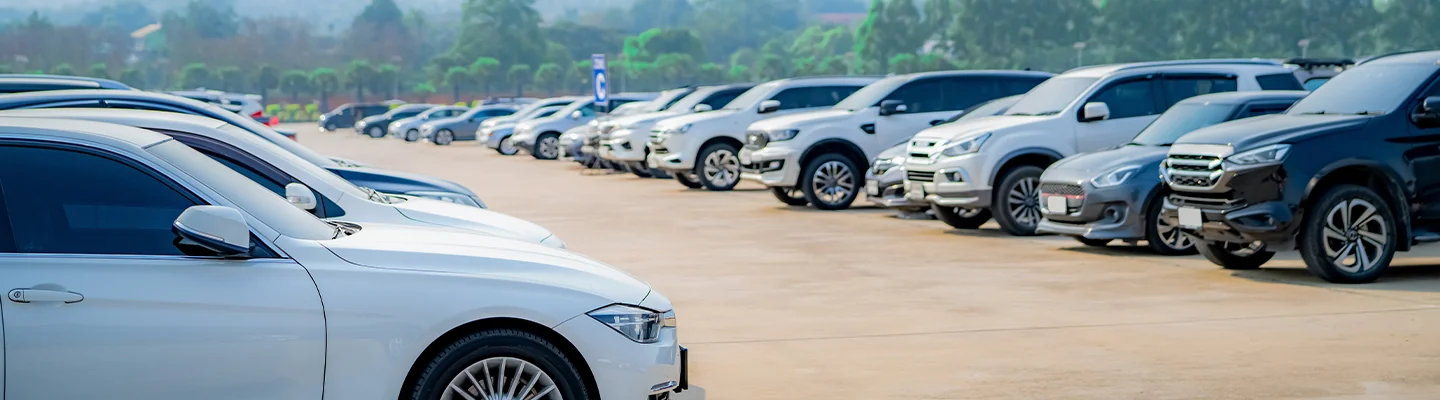 View down a row of cars