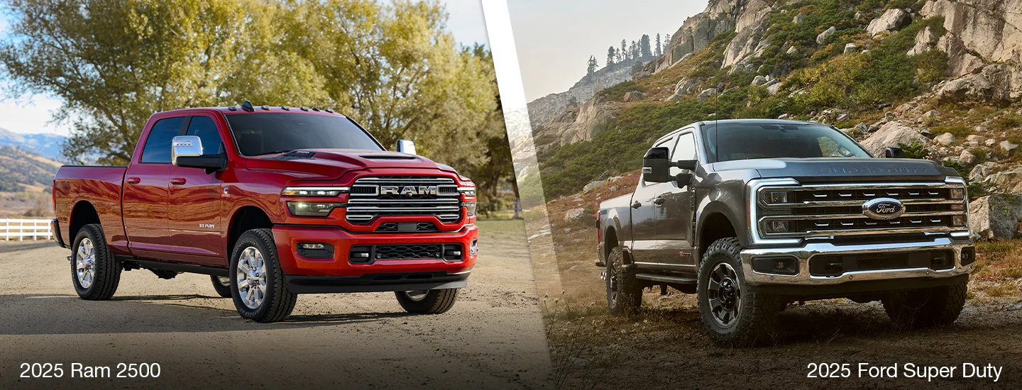 split image of a 025 RAM 2500 and a Ford Super Duty