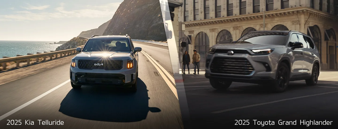 split image oa a 2025 Kia Telluride and a Toyota Grand Highlander