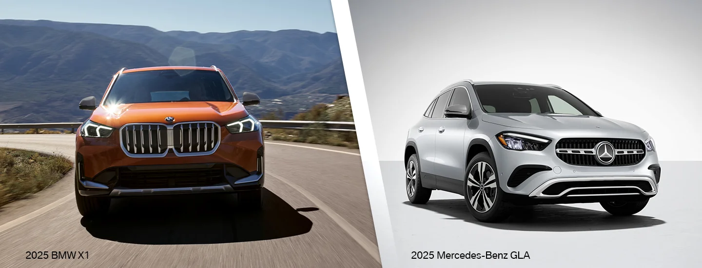 split screen with a 2025 BMW X1 and a Mercedes-Benz GLA
