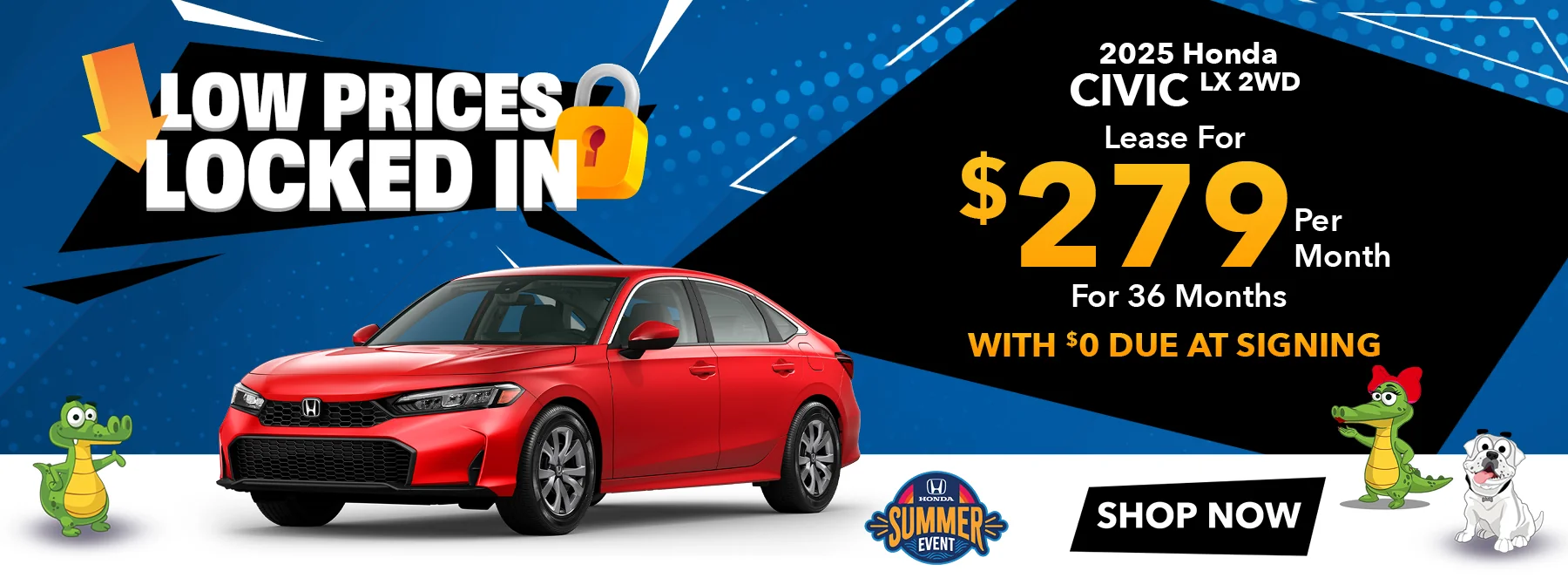 Low Prices Locked In - 2025 Honda Civic LX 2WD Lease For $279 Per Month For 36 Months With $0 Due At Signing