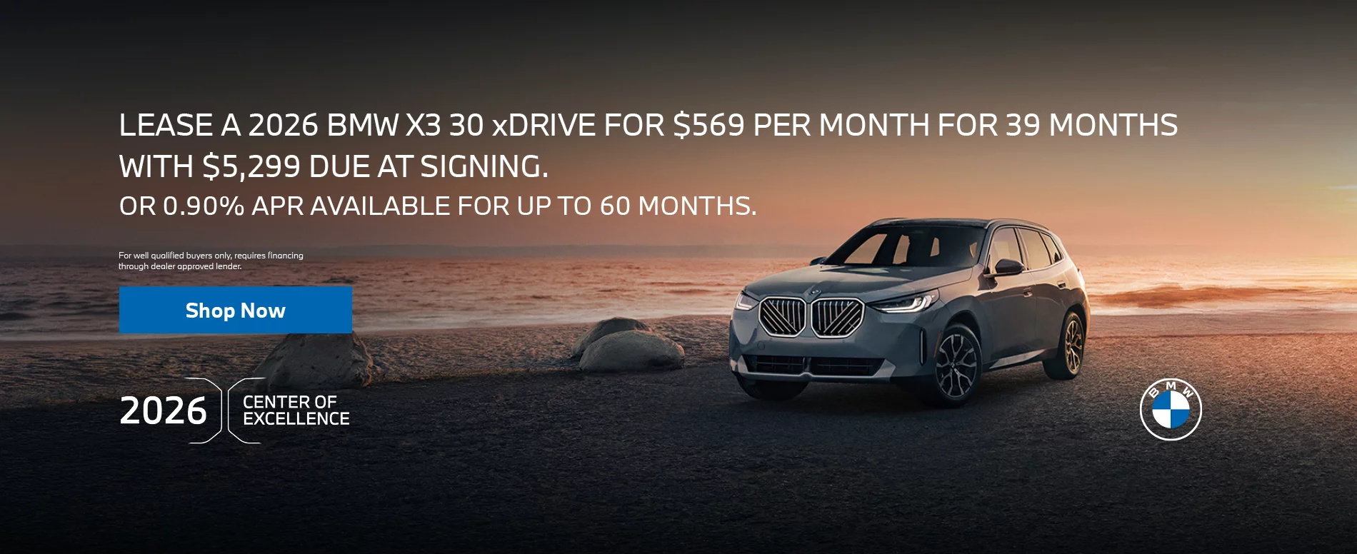 2026 BMW X3 30 xDRIVE LEASE FOR $569 PER MONTH FOR 39 MONTHS WITH $5,299 DUE AT SIGNING. OR 0.90% APR FOR UP T0 60 MONTHS.