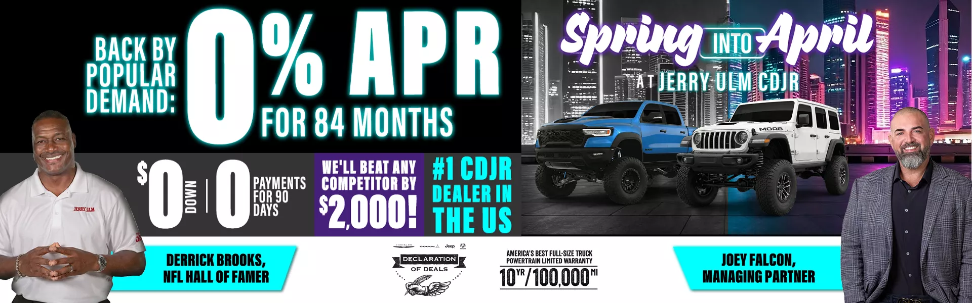 CDJR tax refund sales event with 0% APR financing, $0 down, Jeep Wrangler and Ram truck offers, and dealership specials promotion
