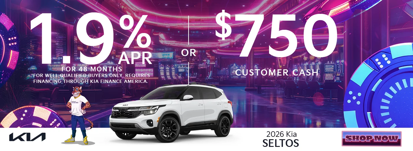 2026 Kia Seltos 1.9% APR For 48 Months  *For well qualified buyers only, requires financing through Kia Finance America. -OR- $750 Customer Cash