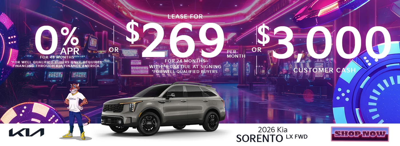 2026 Kia Sorento LX FWD  0% APR For 48 Months *For well qualified buyers only, requires financing through Kia Finance America. -OR- Lease For $269 Per Month For 24 Months With $6,084 Due at Signing *For well qualified buyers. -OR- $3,000 Customer Cash