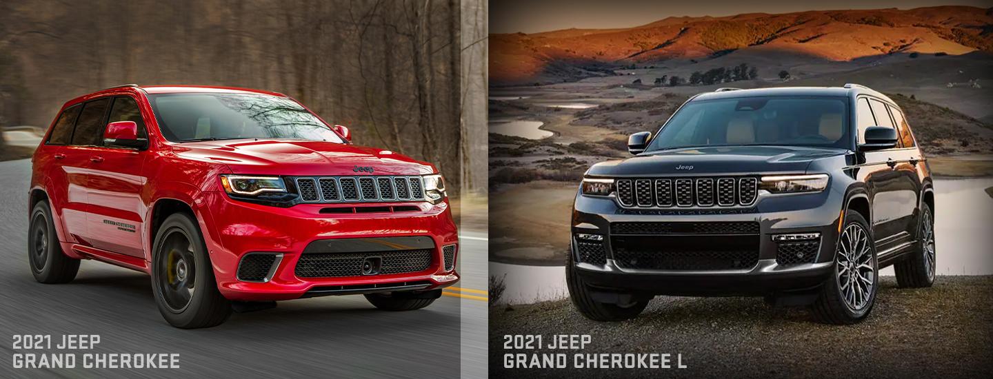 2021 Jeep Grand Cherokee in motion front view side by side the 2021 Jeep Grand Cherokee L parked front view