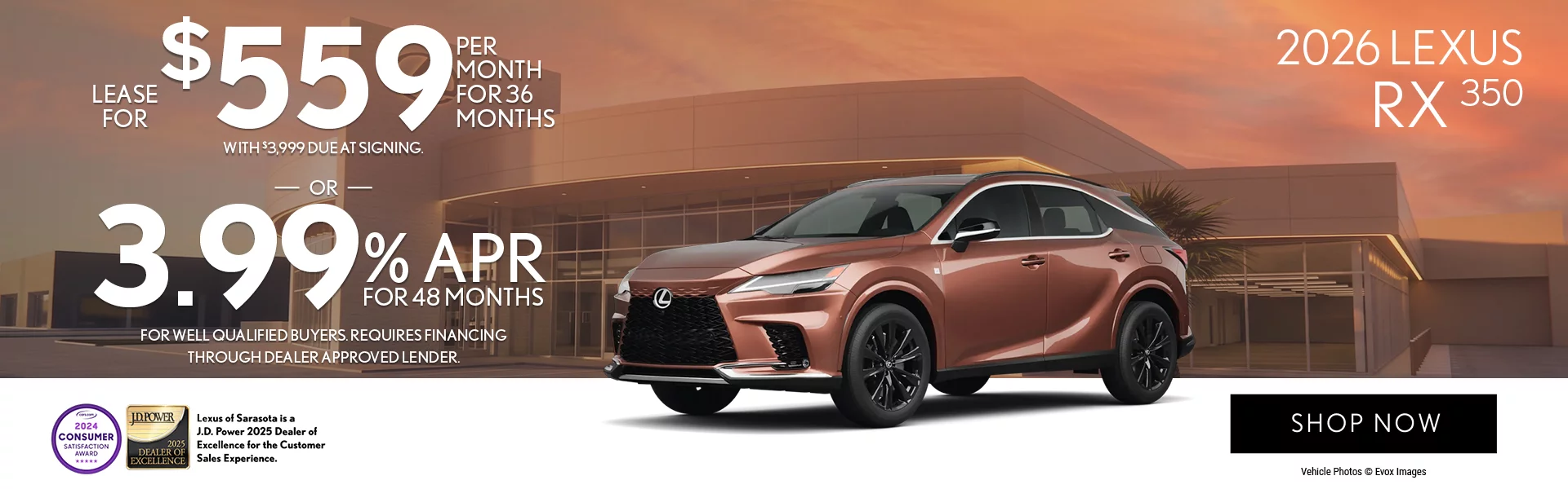 2026 Lexus RX 350 Lease For $559 Per Month For 36 Months with $3,999 Due at Signing.  OR 3.99% APR For Up To 48 Months  For Well Qualified Buyers Requires Financing Through Dealer Approved Lender.