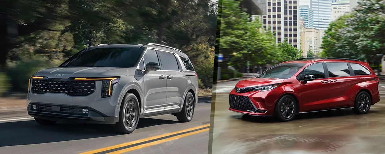 a Silver Kia Carnival or a Red Toyota Sienna - best minivan option