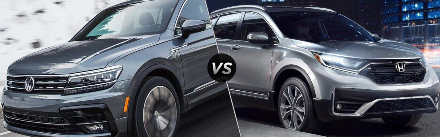 a tiguan and cr-v shown in split screen