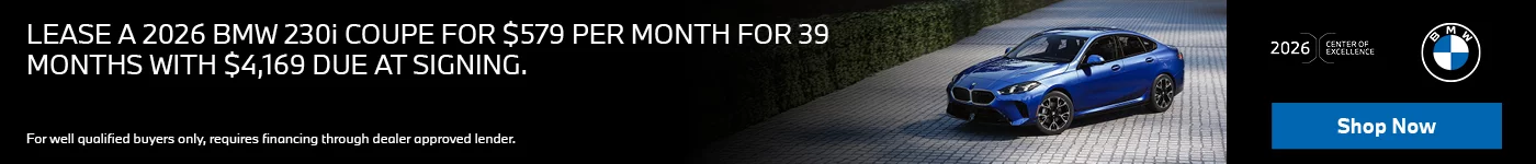 LEASE A 2026 BMW 230i COUPE FOR $579 PER MONTH FOR 39 MONTHS WITH $4,169 DUE AT SIGNING.