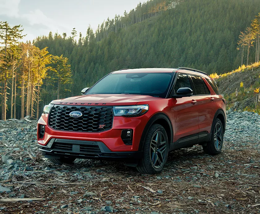 front view of a red Ford Explorer exterior shown from a three-quarter angle