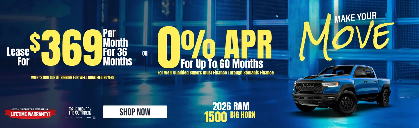Central FL CDJR Lifetime Warranty - 2026 RAM 1500 Big Horn  0% APR for 60 Months - OR – Lease for $399 Per Month For 36 Months With $0 DAS - Up to $10,000 OFF MSRP 