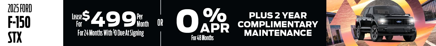 2025 Ford F-150 Crew STX Lease for $499 Per Month For 24 Months With $0 Due At Signing – OR –   0% For 48 Months – Plus 2 year complimentary maintenance 