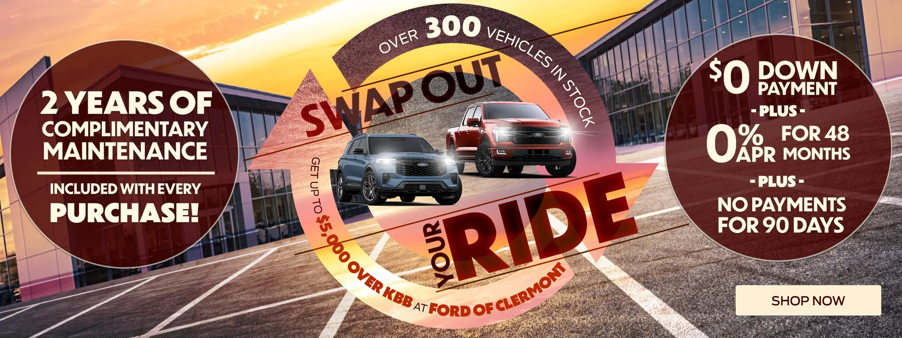 2 Years Of Complimentary Maintenance Included With Every Purchase! Over 300 Vehicle In Stock! Swap Out Your Ride Get Up To $5,000 Over KBB At Ford Of Clermont! $0 Down Payment Plus 0% APR For 48 Months Plus No Payments For 90 Days!