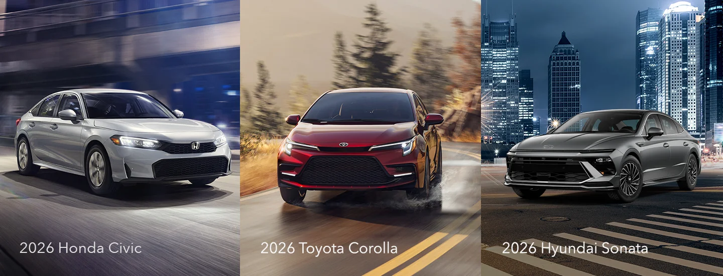 Side by side images of a 2026 Honda Civic a 2026 Toyota Corolla and a 2026 Hyundai Sonata