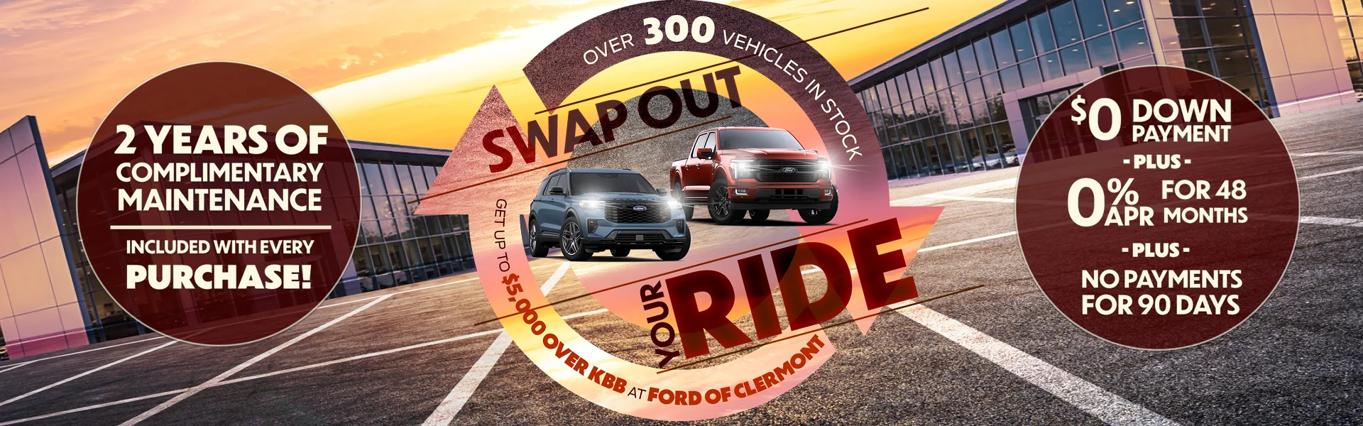 2 Years Of Complimentary Maintenance Included With Every Purchase! Over 300 Vehicle In Stock! Swap Out Your Ride Get Up To $5,000 Over KBB At Ford Of Clermont! $0 Down Payment Plus 0% APR For 48 Months Plus No Payments For 90 Days!
