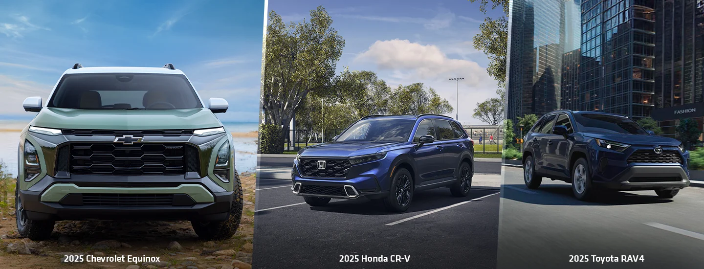 Side by side images of a 2025 Chevrolet Equinox 2025 Honda CR-V and a 2025 Toyota RAV4