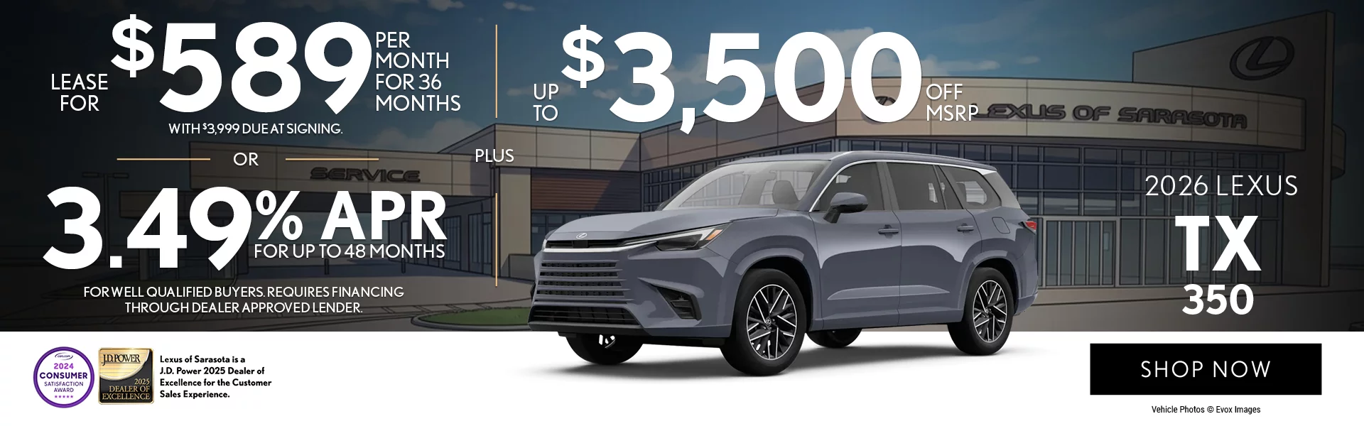 Lease For $589 Per Month For 36 Months with $3,999 Due at Signing.  – OR –  3.49% APR For Up To 48 Months  For Well Qualified Buyers Requires Financing Through Dealer Approved Lender.
