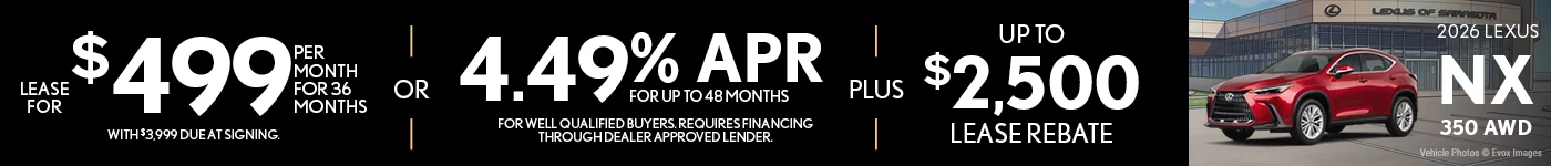 Lease For $499 Per Month For 36 Months for $3,999 Due at Signing. – OR –  4.49 APR For Up To 48 Months.  For Well Qualified Buyers Requires Financing Through Dealer Approved Lender.