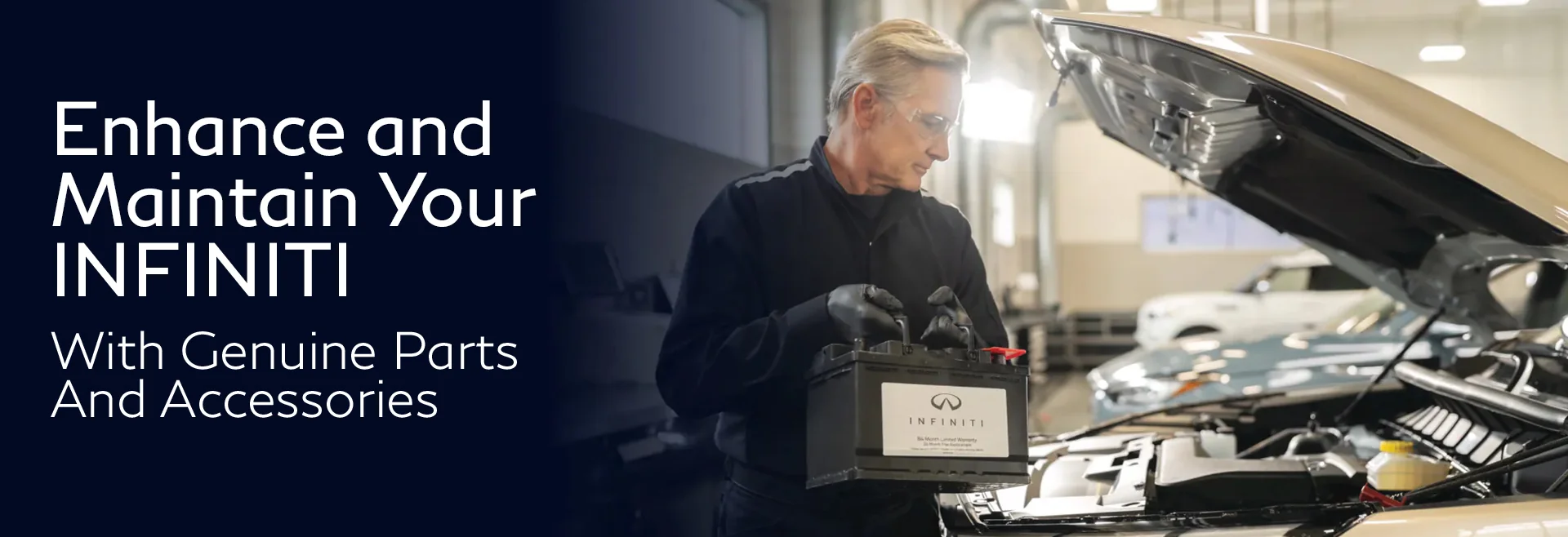 Genuine INFINITI parts and accessories car mechanic working on car