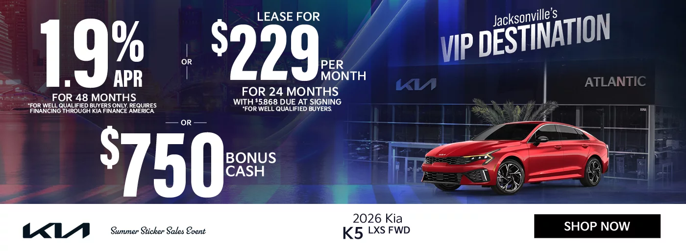 2026 Kia K5 LXS FWD 1.9% APR For 48 Months *For well qualified buyers only, requires financing through Kia Finance America. OR Lease For $229 Per Month For 24 Months With $5,868 Due at Signing *For well qualified buyers. OR $750 Bonus Cash