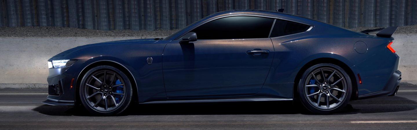 2024 Ford Mustang vs Dodge side front in blue Challenger
