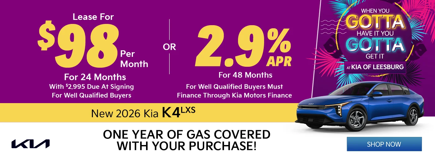 2026 Kia K4 LXS  $2,995 Down $98 a month for 24 months OR 2.49% APR for up to 48 months 