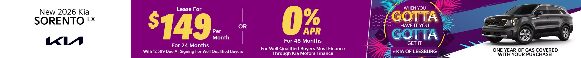 2026 Kia Sorento LX 2WD   $2,599 Down $149 a month for 24 months OR 0% for 48 Months 