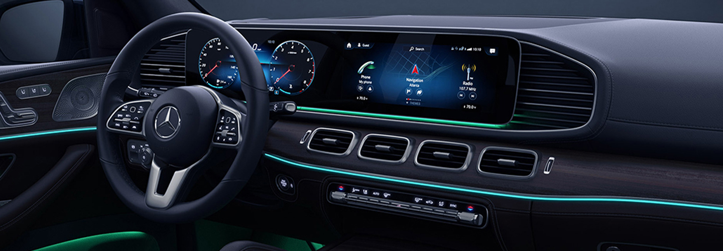 Interior view of the dashboard tech of a 2022 Mercedes-Benz GLE-Class