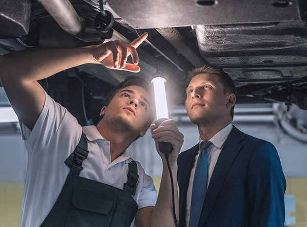 two men inspecting undercarriage of car