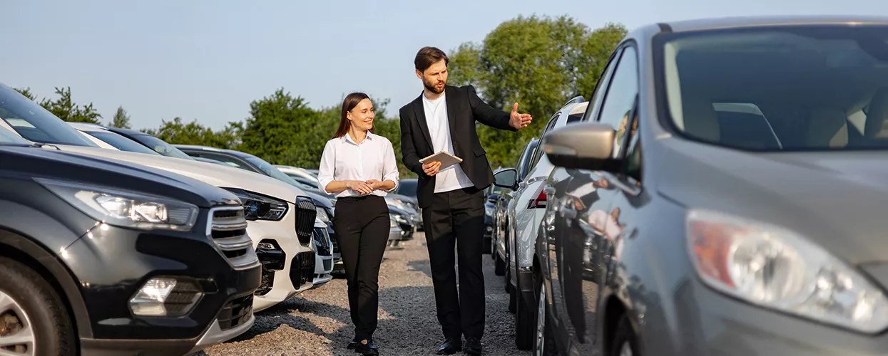 Car salesman showing a customer a variety of new vehicles