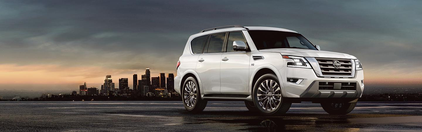 White 2021 Nissan Armada parked with a city in the background