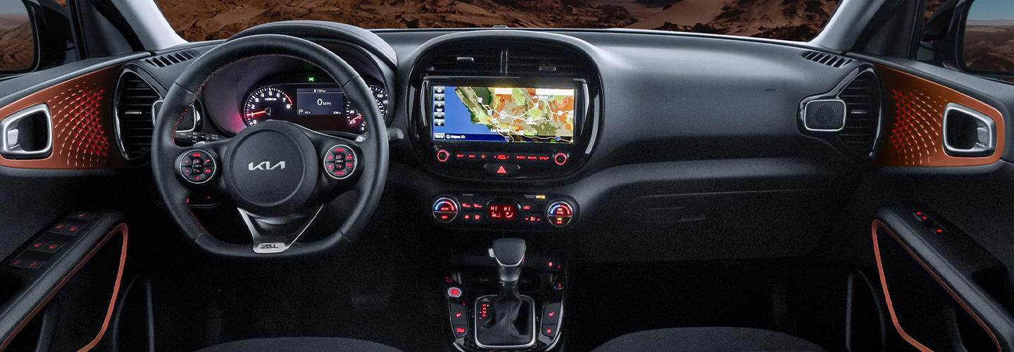 inside a Kia Soul showing dashboard