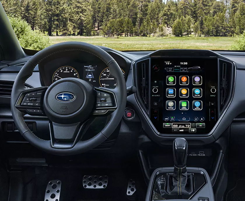 Interior view of the dashboard and tech in a Subaru Crosstrek