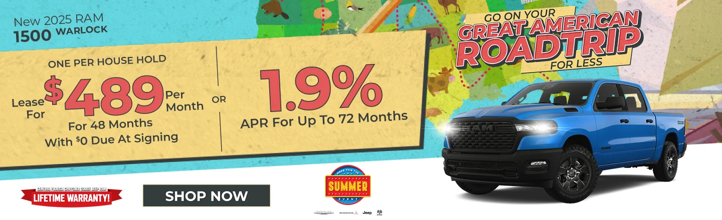 Go On Your Great American Road Trip For Less - 2025 RAM 1500 Warlock  LEASE: Lease For $489 Per month For 39 Months With $0 Due At Signing  PURCHASE: As Low As 1.9% APR for 72 Months 