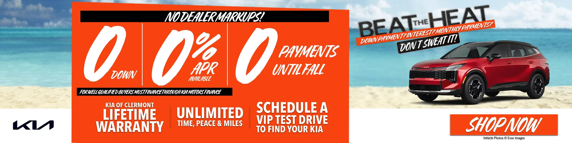 NO DEALER MARKUPS! 0 DOWN 0% APR AVAILABLE 0 PAYMENTS UNTIL FALL - FOR WELL QUALIFIED BUYERS MUST FINNANCE THROUGH KIA MOTORS FINANCE - KIA OF CLERMONT LIFETIME WARRANTY - UNLIMITED TIME, PEACE & MILES - SCHEDULE A VIP TEST DRIVE TO FIND YOUR KIA - BEAT THE HEAT DOWN PAYMENT? INTEREST? MONTHLY PAYMENTS? DON'T SWEAT IT