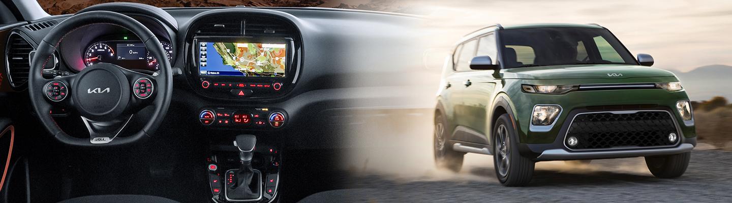 split image of dashboard of Kia Soul and green Kia Soul driving