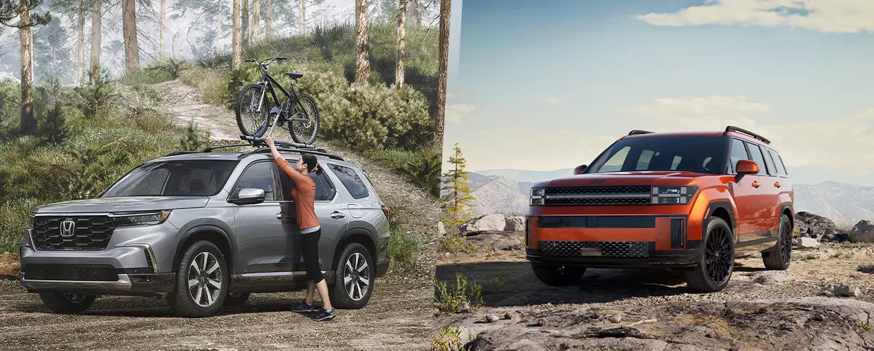 How Does the Honda Pilot Compare to the Hyundai Santa Fe? in Honda SUV and electric SUV showcased in outdoor adventure environments highlighting versatility, cargo capability, and