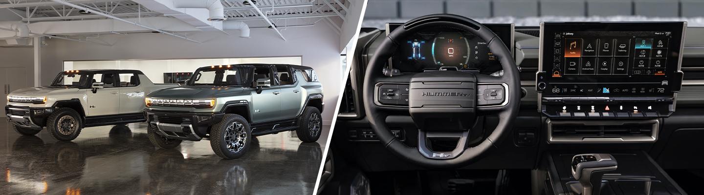 View of 2 Hummers parked and view of the dash of a Hummer
