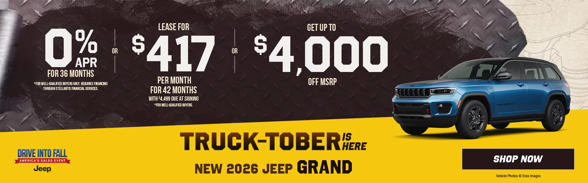 New 2026 Jeep Grand Cherokee 0% APR For 36 Months *For well-qualified buyers only, requires financing through Stellantis Financial Services. -OR- Lease For $417 Per Month For 42 Months With $4,499 Due at Signing   *For well-qualified buyers. -OR- Get Up To $4,000 Off MSRP