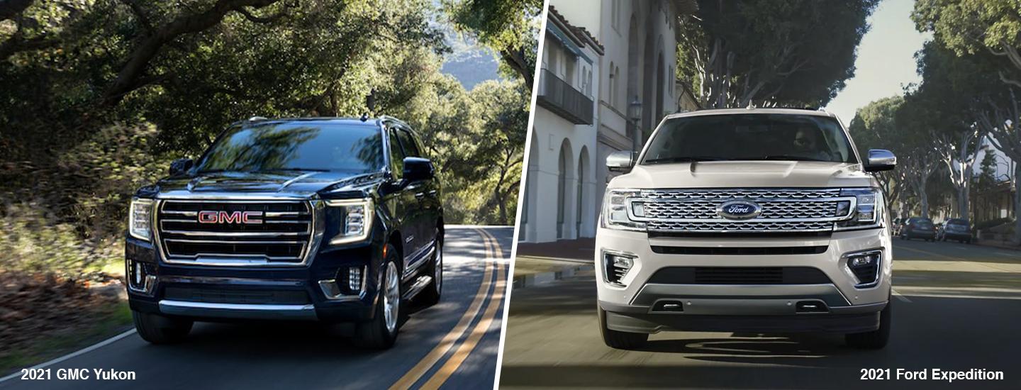 split image of 2021 GMC Yukon and Ford Expedtion