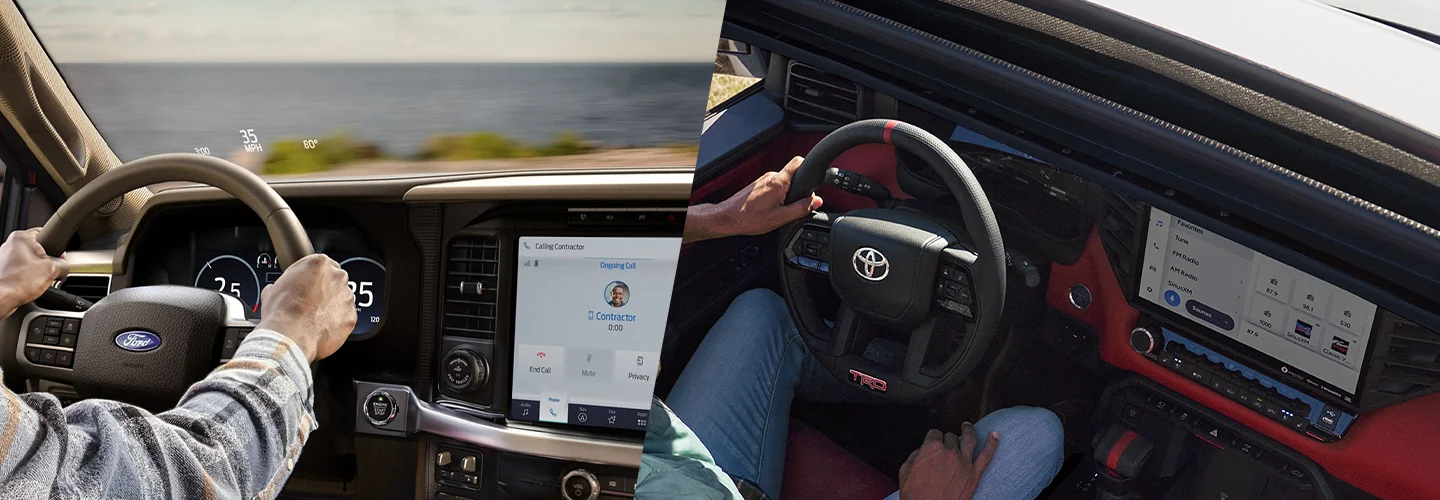 interior of a 2025 Ford F-150 Raptor<sup>®</sup> and 2025 Toyota Tundra Capstone
