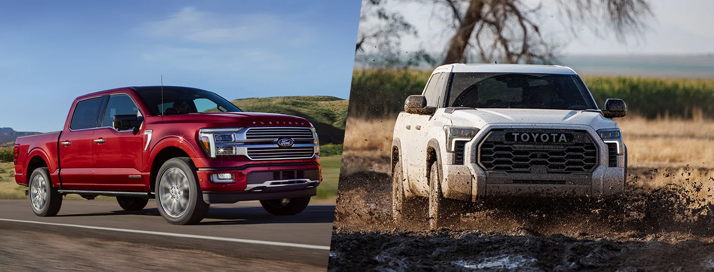 2025 Ford F-150 Raptor® split screen with white Toyota Tundra
