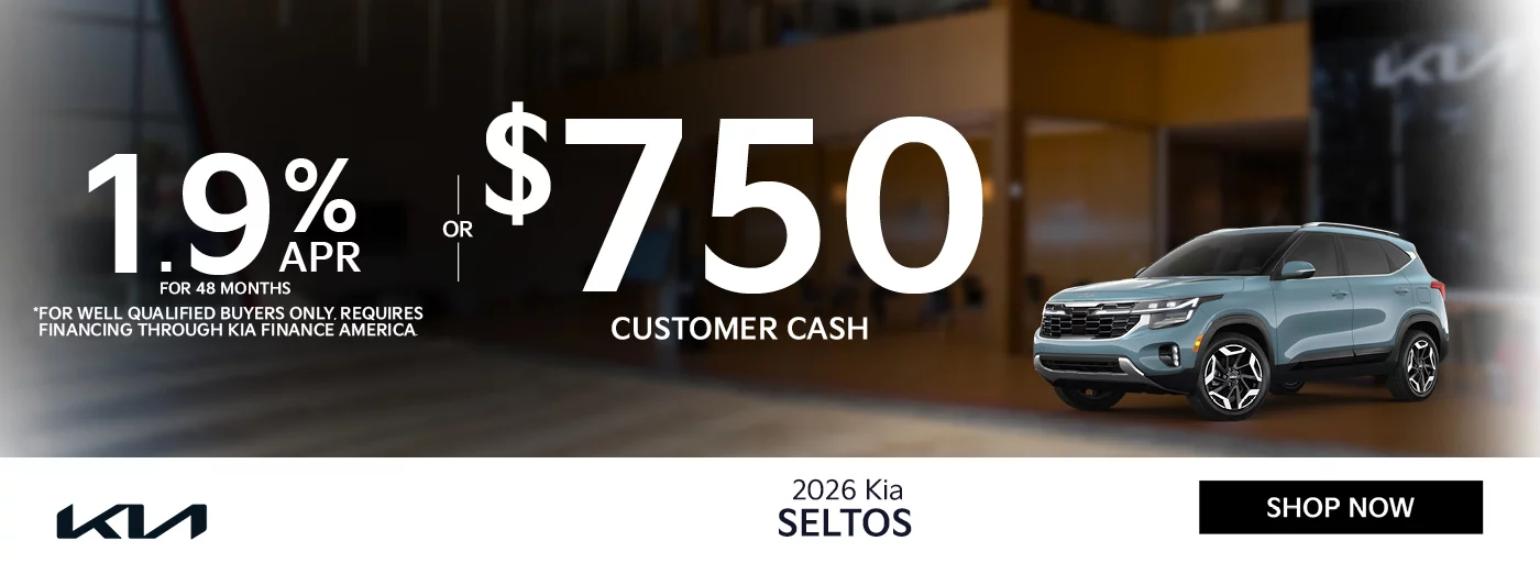 2026 Kia Seltos 1.9% APR For 48 Months *For well qualified buyers only, requires financing through Kia Finance America.-OR- $750 Customer Cash