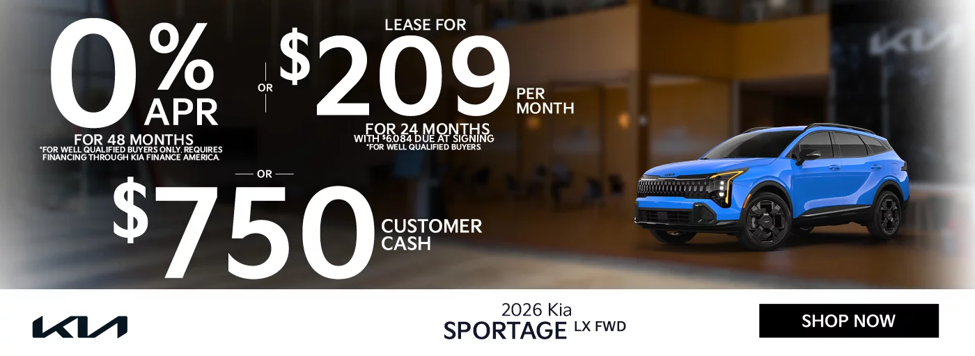 2026 Kia Sportage LX FWD 0% APR For 48 Months *For well qualified buyers only, requires financing through Kia Finance America. -OR- Lease For $209 Per Month For 24 Months With $6,084 Due at Signing *For well qualified buyers. -OR- $750 Customer Cash