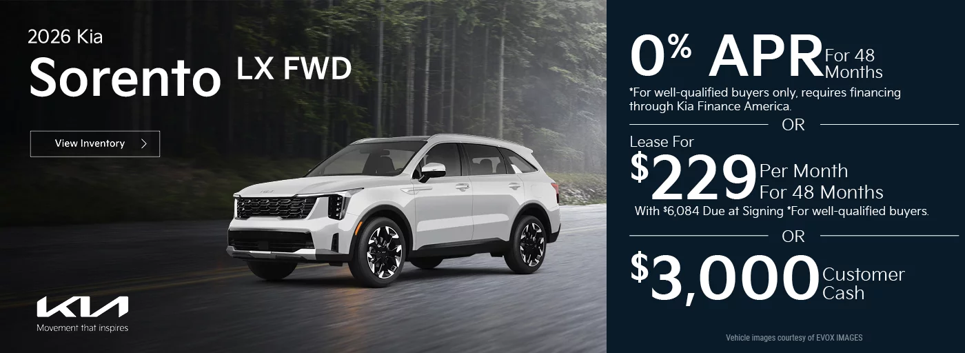 0% APR For 48 Months *For well-qualified buyers only, requires financing through Kia Finance America. -OR- Lease For $229 Per Month For 24 Months With $6,084 Due at Signing *For well-qualified buyers. -OR- $3,000 Customer Cash