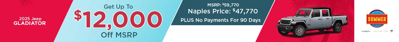 2025 Jeep Gladiator UP TO $12,000 OFF MSRP!  NAPLES PRICE: $47,770 MSRP: $59,770 PLUS No Payments For 90 Days!