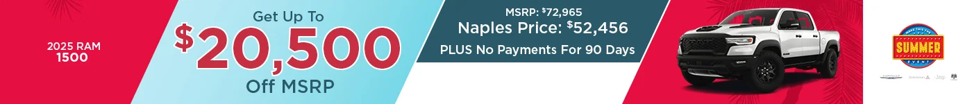 2025 RAM 1500 UP TO $20,500 OFF MSRP!  NAPLES PRICE: $52,465 MSRP: $72,965 PLUS No Payments For 90 Days!